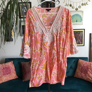 J CREW sz S Pink & Gold Floral Cotton White Lace Embellished Tunic Top #AK327